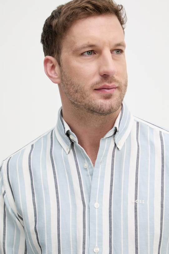 BOSS Orange koszula męska z lnem niebieski 50559324