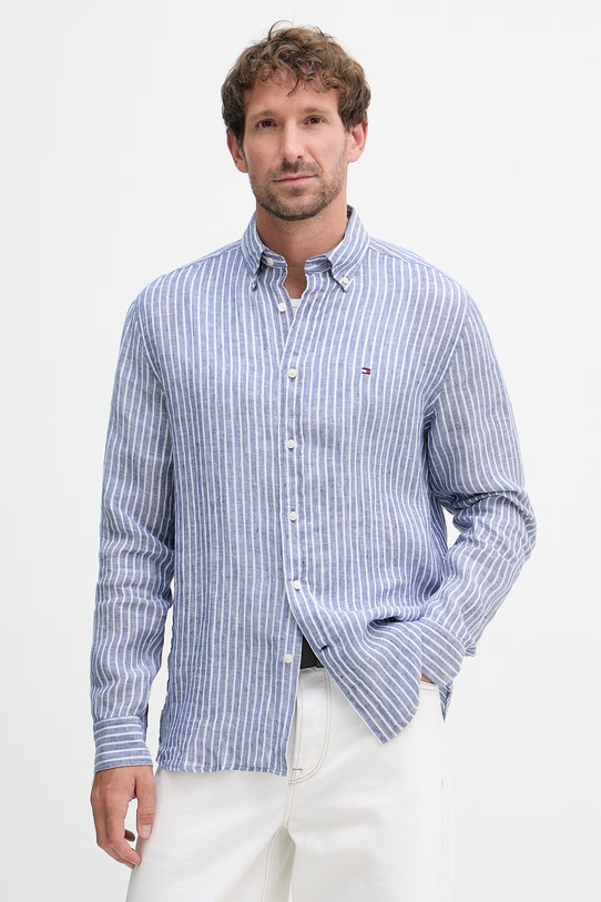 Tommy Hilfiger košile pánská lněná modrá MW0MW42400