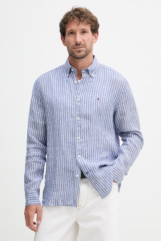 Tommy Hilfiger košile pánská lněná modrá MW0MW42400