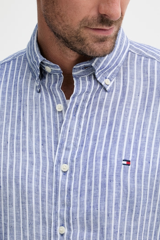 Tommy Hilfiger košile pánská lněná modrá MW0MW42400