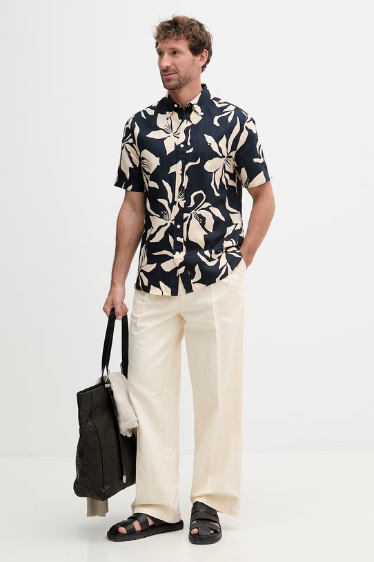 Tommy Hilfiger košeľa pánska s ľanom MW0MW42447 tmavomodrá SS26