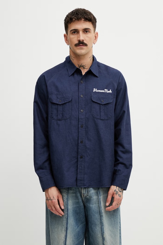 Odzież Human Made koszula męska z dodatkiem lnu HM31SH001 granatowy