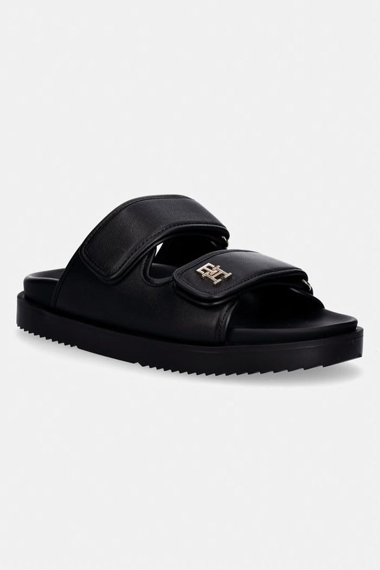 Tommy Hilfiger klapki damskie skórzane DOUBLE STRAP LEATHER SANDAL czarny FW0FW09121