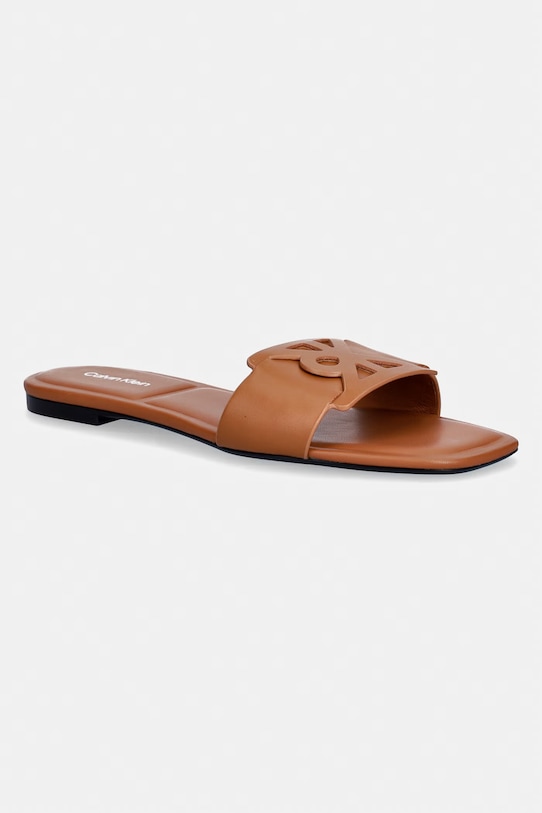 Calvin Klein klapki damskie skórzane SQUARE FLAT SANDAL EMBLEM brązowy HW0HW03128
