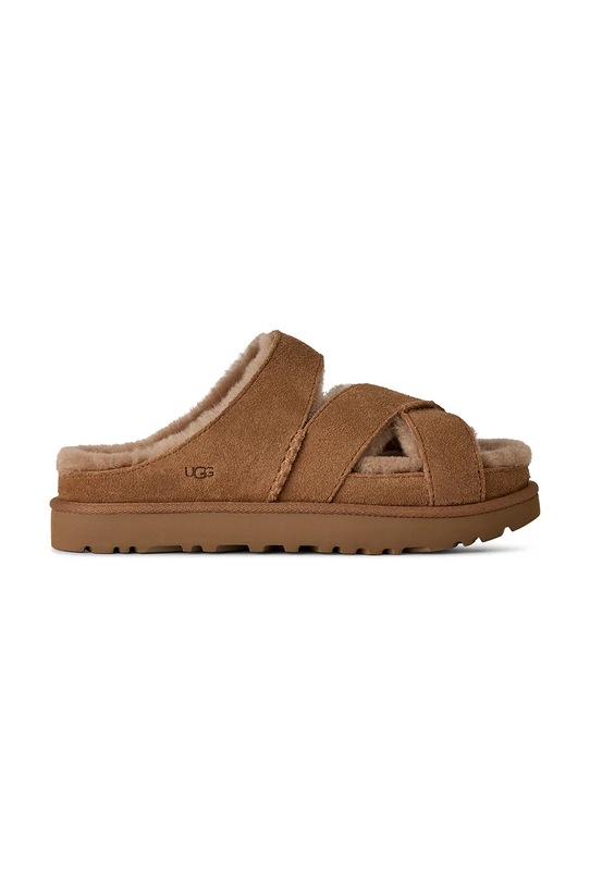 UGG klapki zamszowe W Greenport Cross Strap Slide płaski brązowy 1178470.CHE