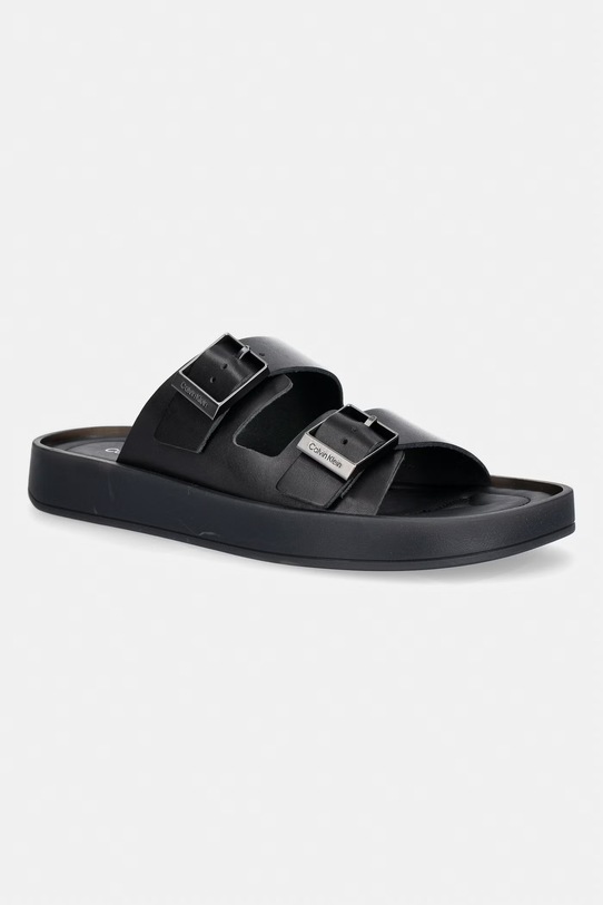 Calvin Klein чехли мъжки от кожа ERGON DOUBLE BAR SANDAL LTH черен HM0HM02097