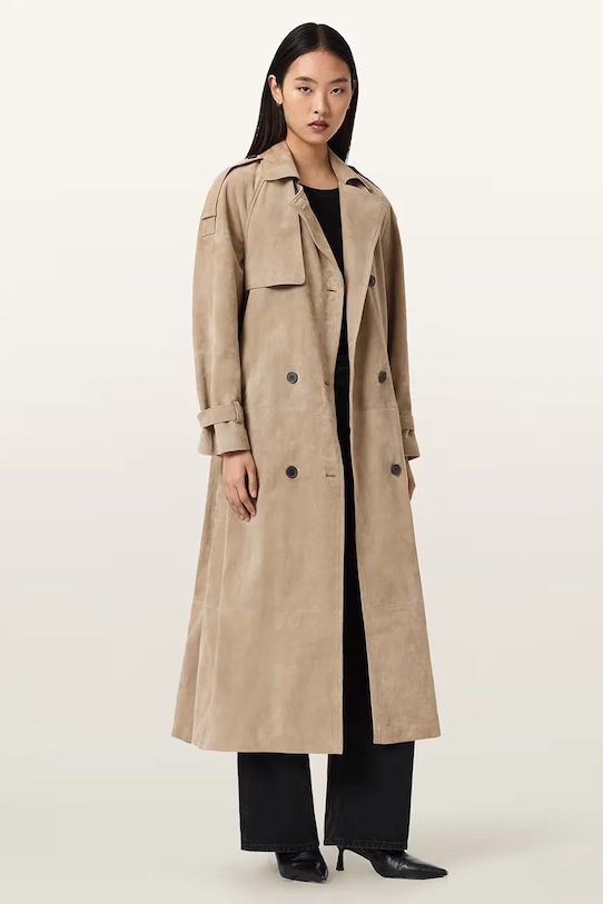 Odzież AllSaints trencz damski zamszowy REED SUEDE W005LE beżowy