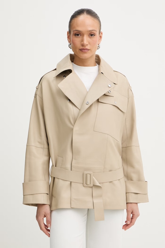 BOSS cappotto trench corto da donna in pelle Satila beige 50554146