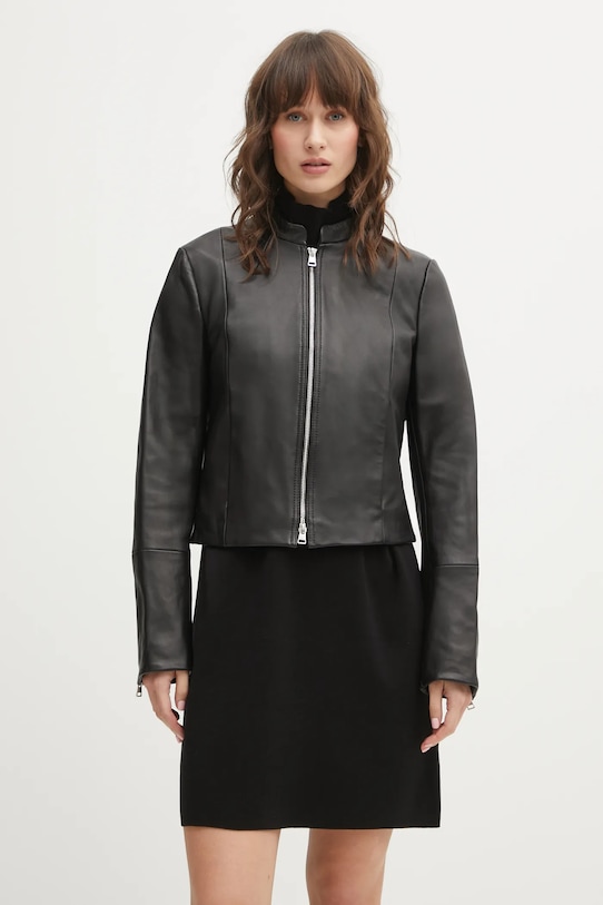 Δερμάτινο μπουφάν HUGO Lasari λείο δέρμα μαύρο 50555743