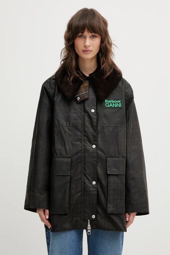 Barbour geacă x Ganni Hooded Tartan Duffle Wax verde LWX1528TN11