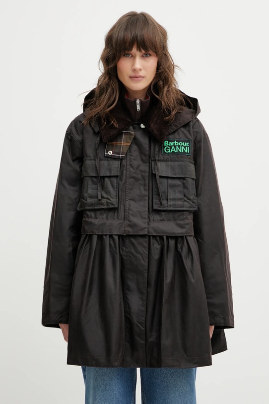 Barbour jachetă de bumbac x Ganni Peplum Wax cu gluga maro LWX1523BR71