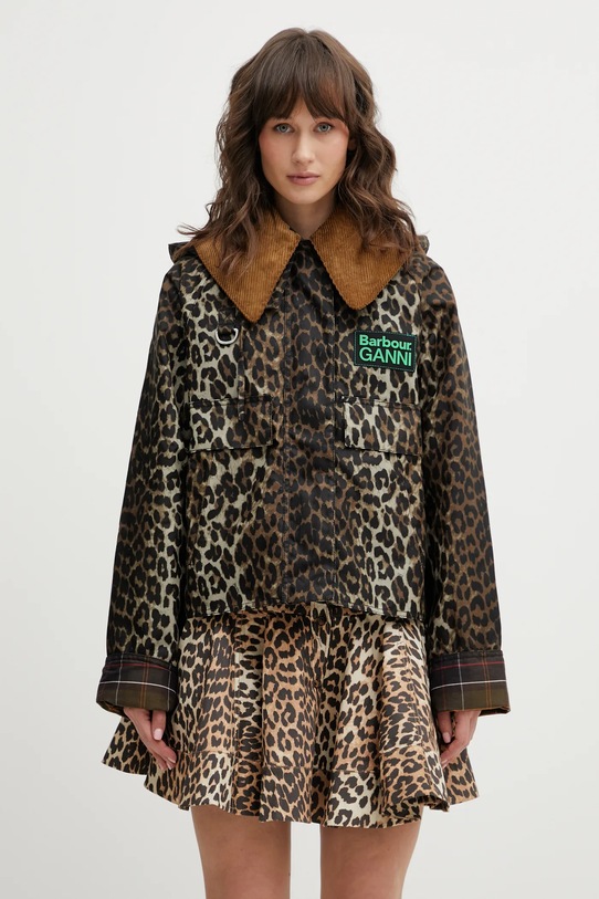 Barbour jachetă de bumbac x Ganni Printed Hooded Wax cu gluga maro LWX1529BK11