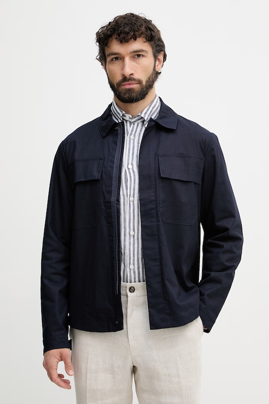 United Colors of Benetton prechodná bunda pánska s prímesou ľanu tmavomodrá 2ITGUN074