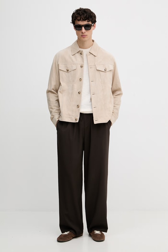 BOSS geacă tip cămașă pentru bărbați, din piele întoarsă Merak1 50538002 bej SS26