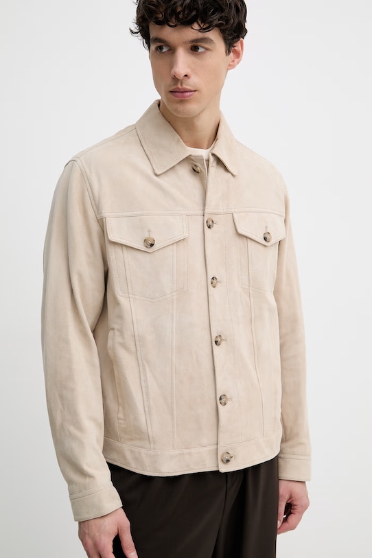 BOSS geacă tip cămașă pentru bărbați, din piele întoarsă Merak1 50538002 bej