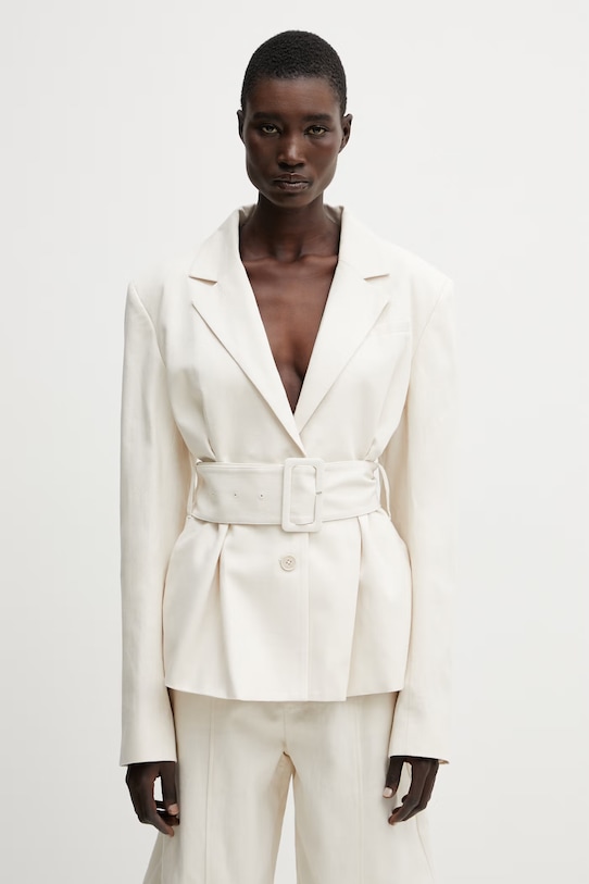 Rotate marynarka jednorzędowa z lnem damska beżowy 1155082059