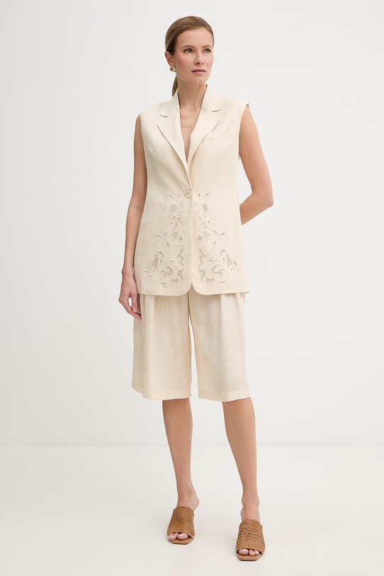 Twinset kamizelka jednorzędowa damska z lnem 261TP2314 beżowy SS26