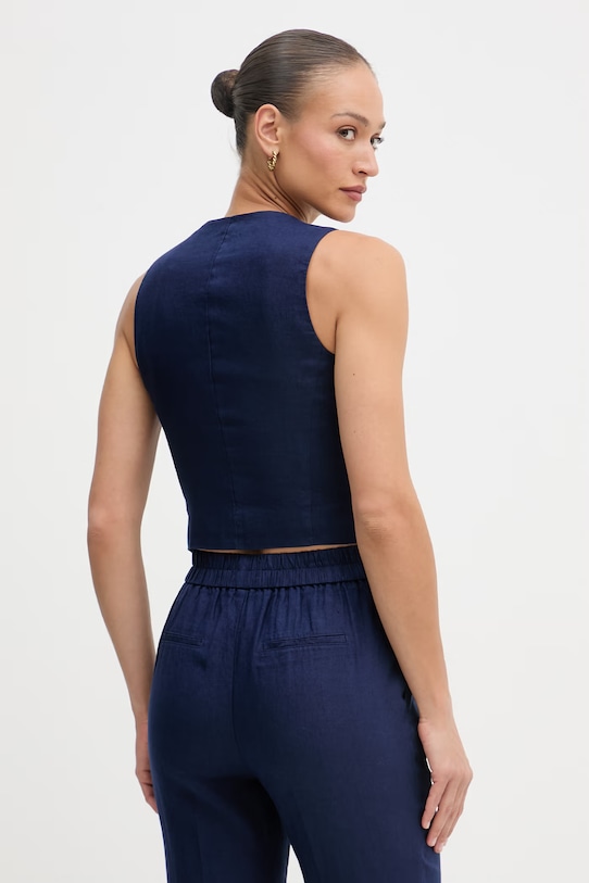 Odjeća United Colors of Benetton jednoredni prsluk za žene od lana 2AGHDJ014 mornarsko plava