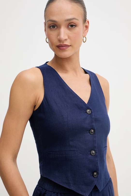 United Colors of Benetton jednoredni prsluk za žene od lana mornarsko plava 2AGHDJ014