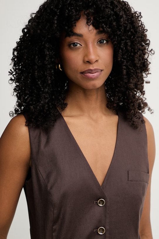 Guess μονόπετο γιλέκο γυναικείο με λινό CARLA καφέ W6GHAA.W2839