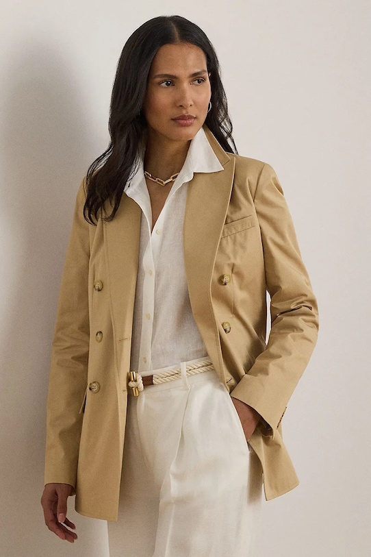 Lauren Ralph Lauren marynarka dwurzędowa damska bawełniana beżowy 200B22031