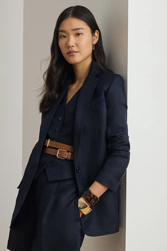 Lauren Ralph Lauren marynarka jednorzędowa damska z lnem granatowy 200P13643