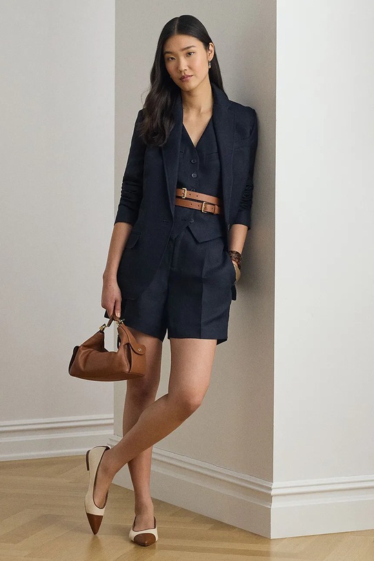 Odzież Lauren Ralph Lauren marynarka jednorzędowa damska z lnem 200P13643 granatowy