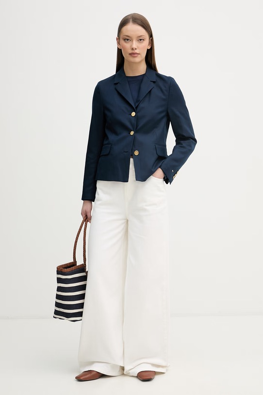 Tommy Hilfiger jednoradové sako dámske s prímesou ľanu WW0WW49335 tmavomodrá SS26