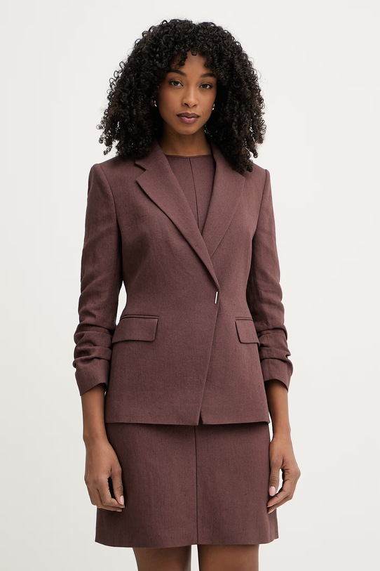 BOSS marynarka dwurzędowa damska z lnem brązowy 50557249