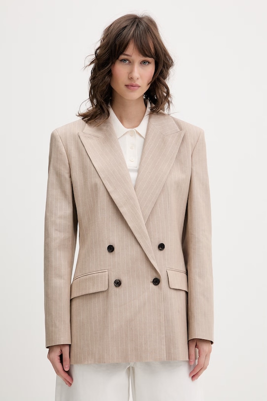 HUGO dvouřadé sako dámské s příměsí lnu Azenia béžová 50559509
