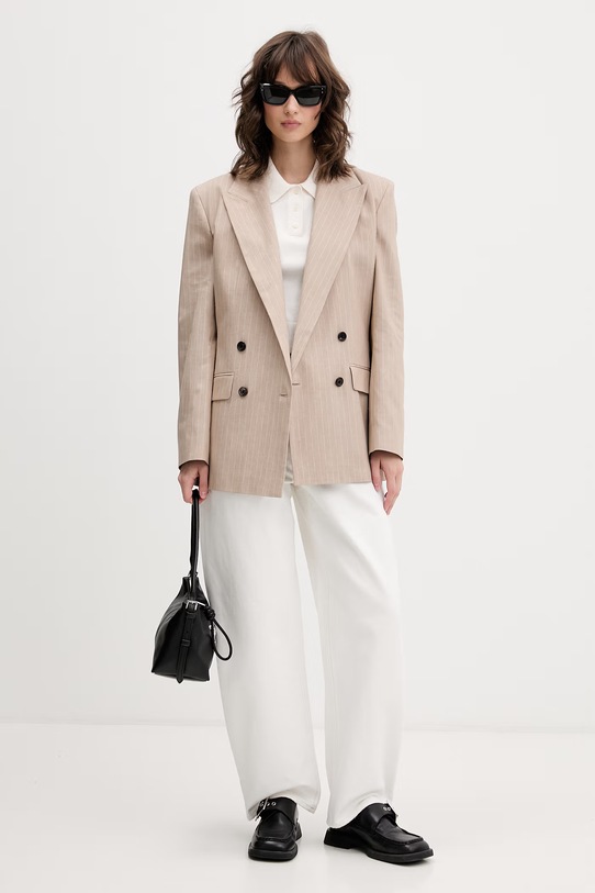 HUGO dvouřadé sako dámské s příměsí lnu Azenia 50559509 béžová SS26