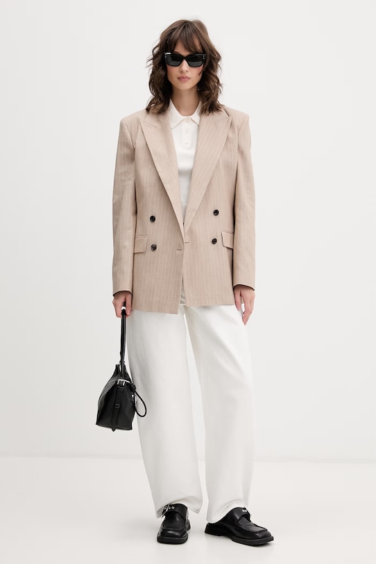 HUGO dvouřadé sako dámské s příměsí lnu Azenia 50559509 béžová SS26