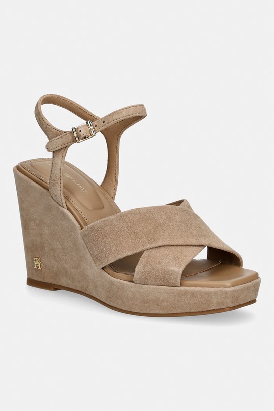 Tommy Hilfiger sandały na koturnie zamszowe SUEDE WRAPPED HIGH WEDGE beżowy FW0FW09218