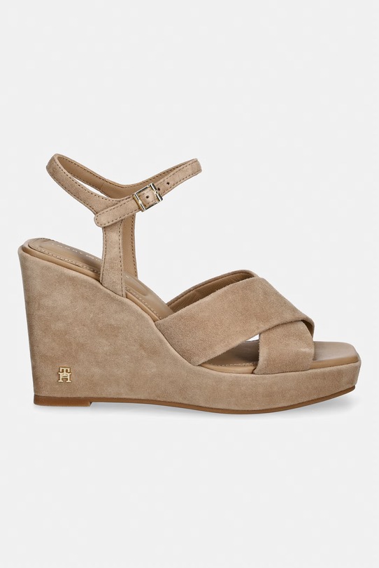 Tommy Hilfiger sandały na koturnie zamszowe SUEDE WRAPPED HIGH WEDGE FW0FW09218 beżowy SS26