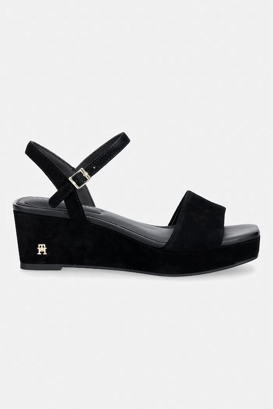 Tommy Hilfiger sandale wedges din piele întoarsă SUEDE WRAPPED MID WEDGE FW0FW09235 negru SS26