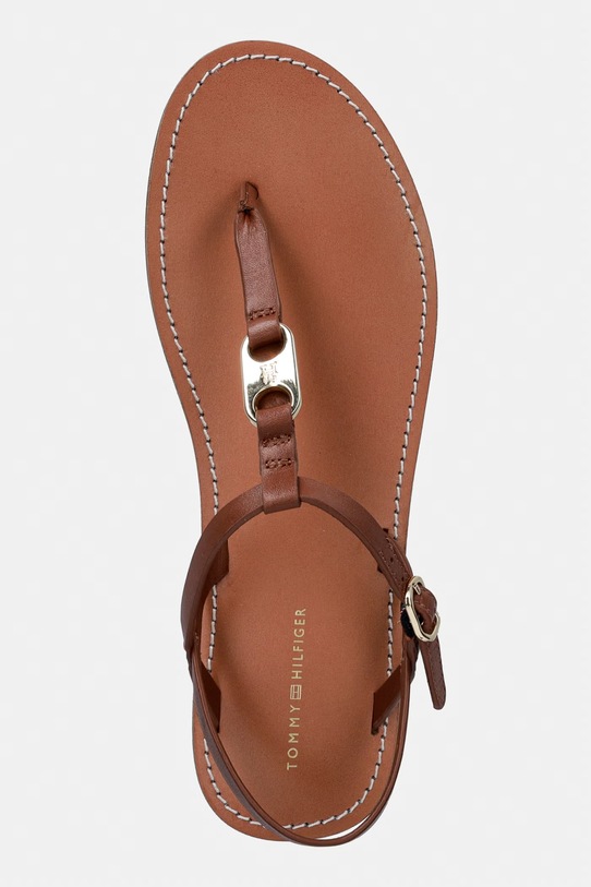 Tommy Hilfiger sandale cu toc plat de damă din piele LEATHER THONG SANDAL maro FW0FW09127