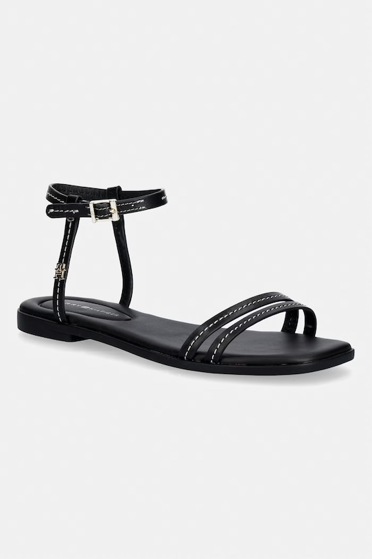 Tommy Hilfiger sandały damskie skórzane FLAT SANDAL STITCHING czarny FW0FW09215