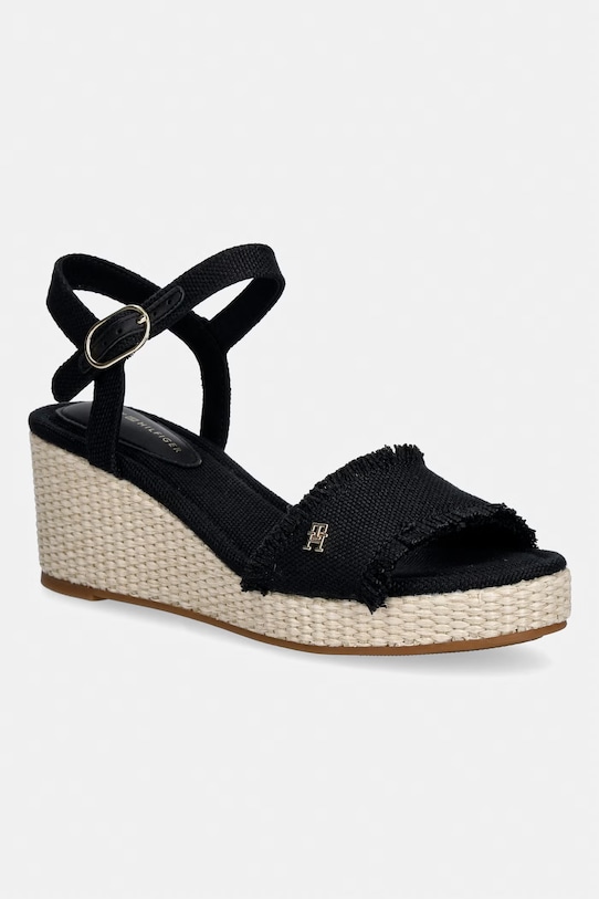 Tommy Hilfiger sandále na platforme po celej dĺžke MID WOVEN WEDGE ESPAD FRINGE čierna FW0FW09470