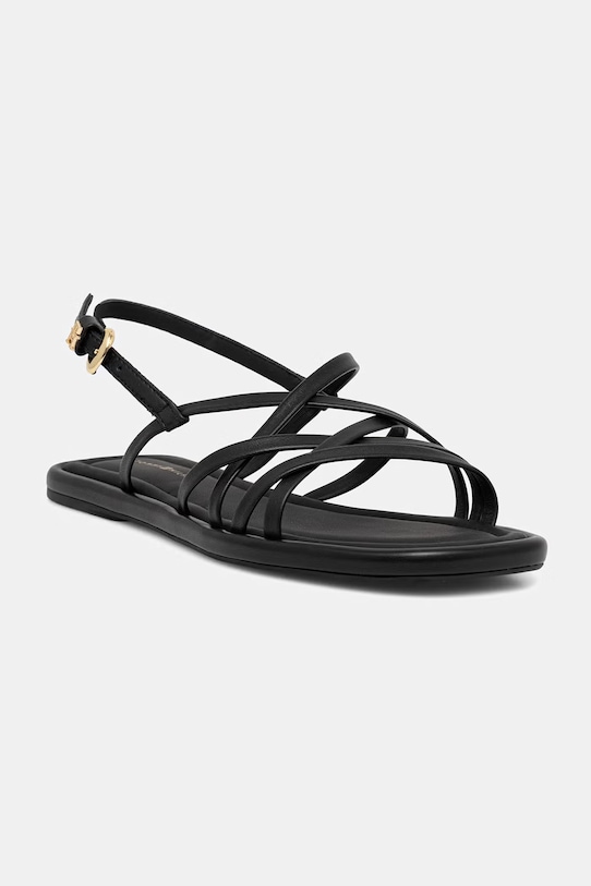 Tommy Hilfiger sandale pentru femei, din piele FLAT STRAPPY SANDAL LTH negru FW0FW09220