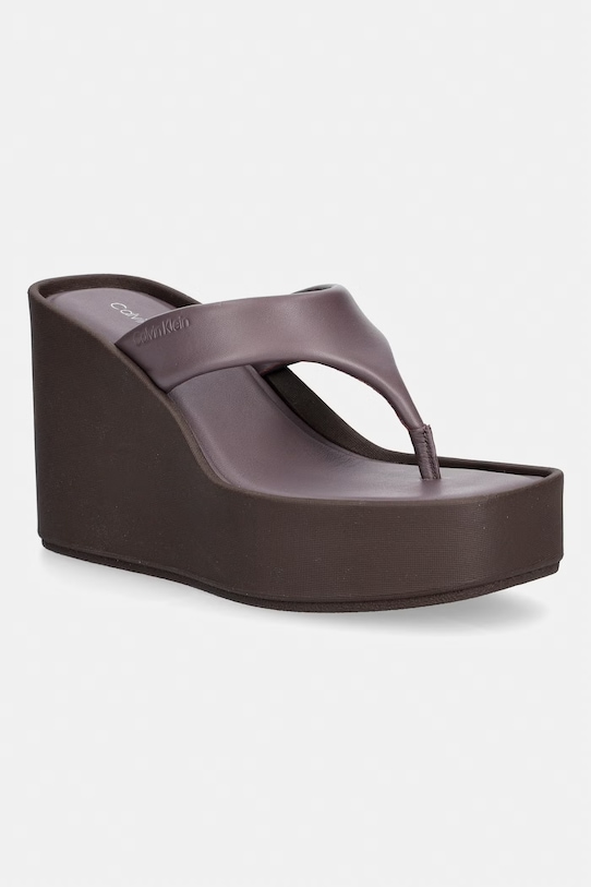 Calvin Klein Джапанки дамски от кожа WEDGE 70 SNDL THONG LTH кафяв HW0HW02880