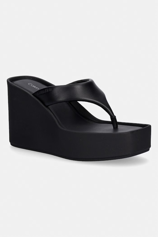 Calvin Klein șlapi de damă din piele WEDGE 70 SNDL THONG LTH negru HW0HW02880