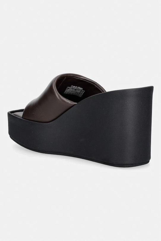 Обувки Calvin Klein чехли със скосена платформа дамски от кожа WEDGE 70 SNDL MULE LTH HW0HW02881 кафяв