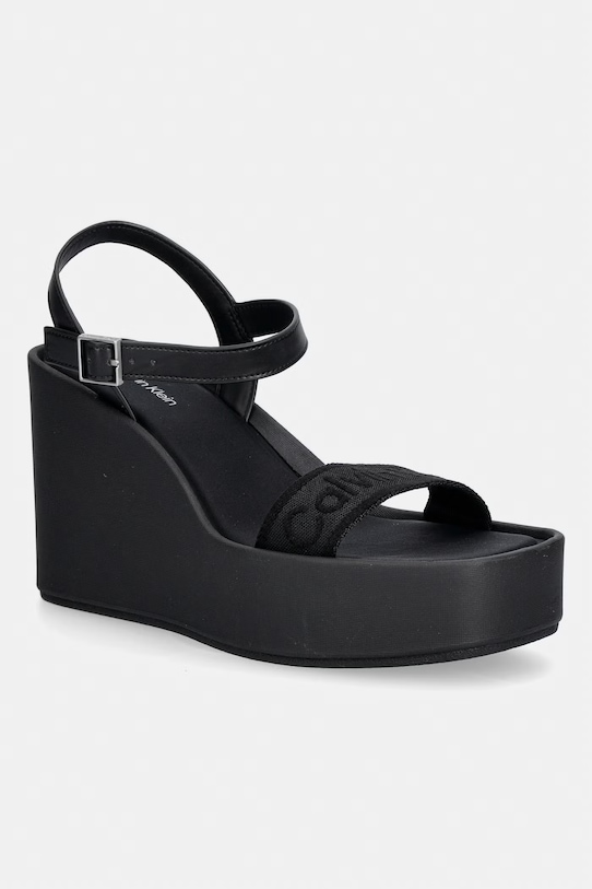 Calvin Klein сандали със скосена пларформа WEDGE 70 SNDL WEBBING LTH черен HW0HW02882