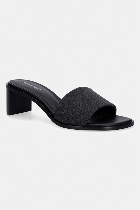 Calvin Klein šľapky na podpätku dámske BLOCK HEEL SANDAL AOP čierna HW0HW03016