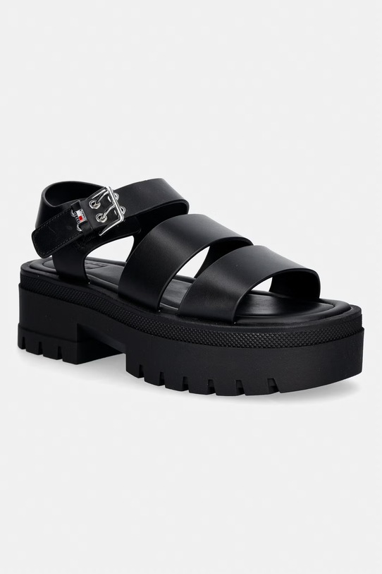 Tommy Jeans sandały damskie skórzane TJW STRAPS LEATHER MAX SANDAL czarny EN0EN02944