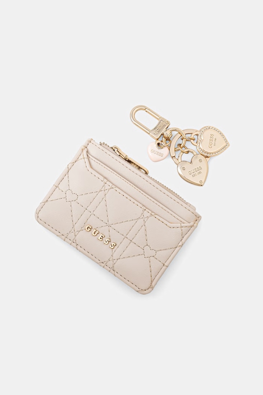 Guess portfel i brelok imitacja skóry licowej beżowy GFBOXW.P6202