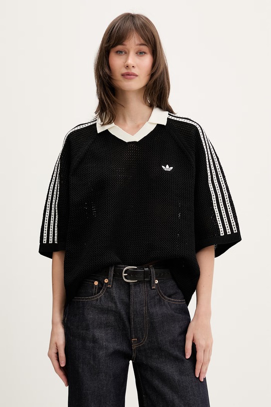 adidas Originals Πλεκτό μπλουζάκι πόλο Γυναικείο από διάτρητο κροσέ μαύρο KC6491