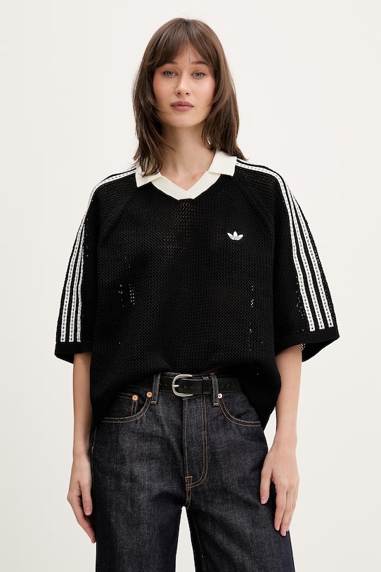 adidas Originals Πλεκτό μπλουζάκι πόλο Γυναικείο από διάτρητο κροσέ μαύρο KC6491