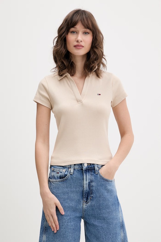 Tommy Jeans polo damskie bawełniane z elastanem beżowy DW0DW22326