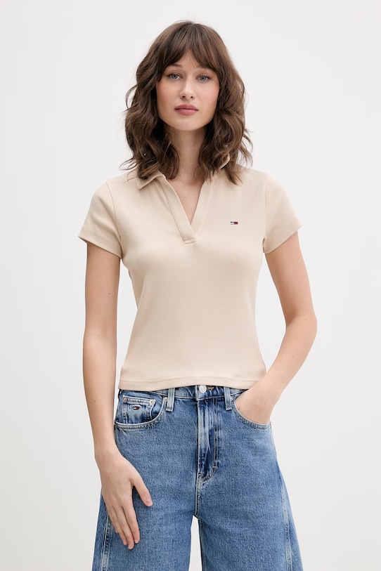 Tommy Jeans polo damskie bawełniane z elastanem beżowy DW0DW22326